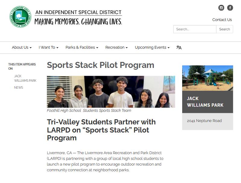 The Livermore Area Recreation and Park District announcement: Tri-Valley Students Partner with LARPD on the Sports Stack pilot program