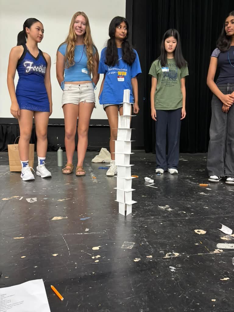 Link Crew teammates standing beside a tall tower built from paper cards