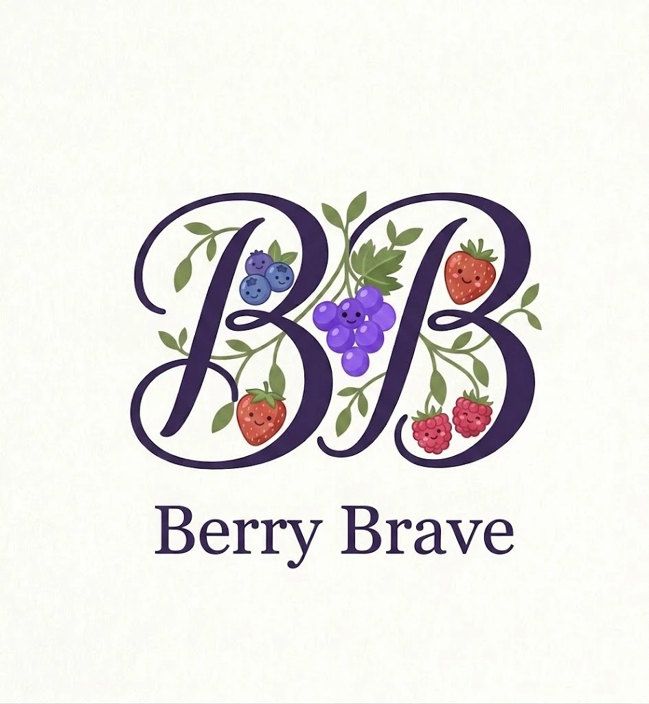 Berry Brave logo: two curly letter Bs wrapped in vines with smiling blueberries, grapes, strawberries and raspberries