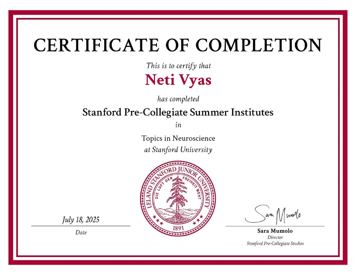 Stanford certificate of completion, Topics in Neuroscience