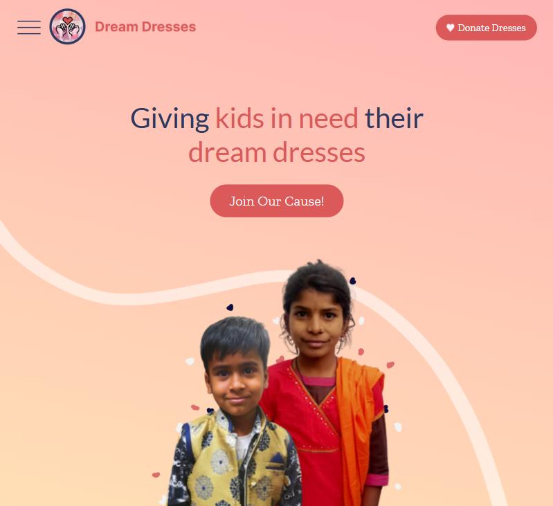 The Dream Dresses home page: Giving kids in need their dream dresses, with two smiling children