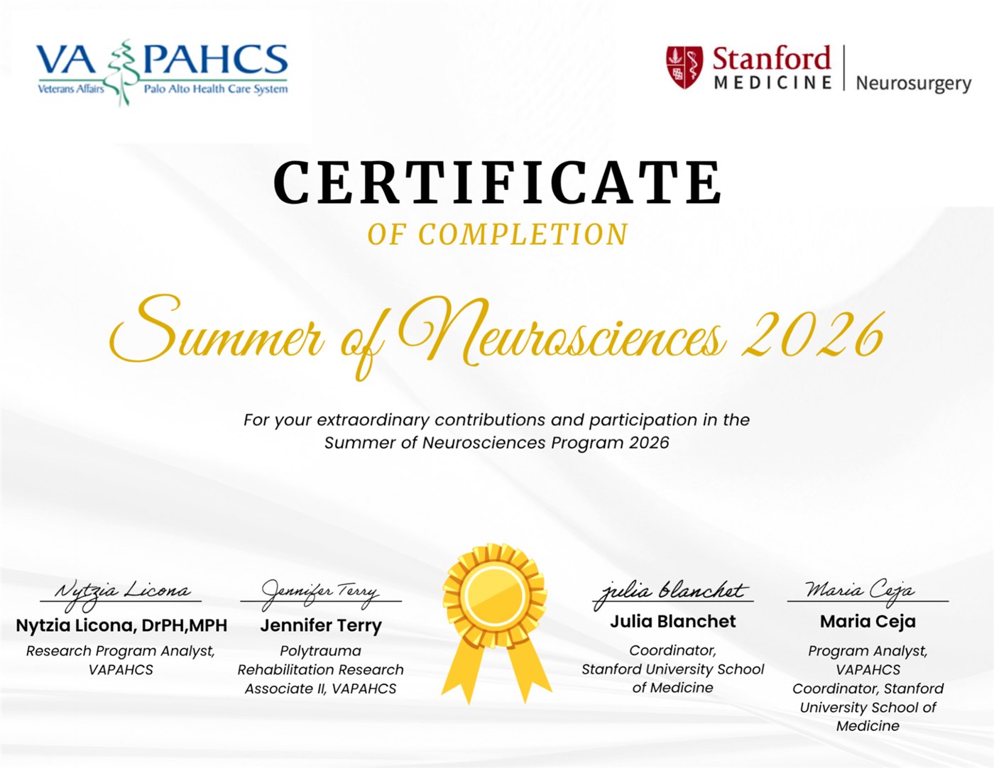 Stanford Medicine Summer of Neurosciences 2026 certificate